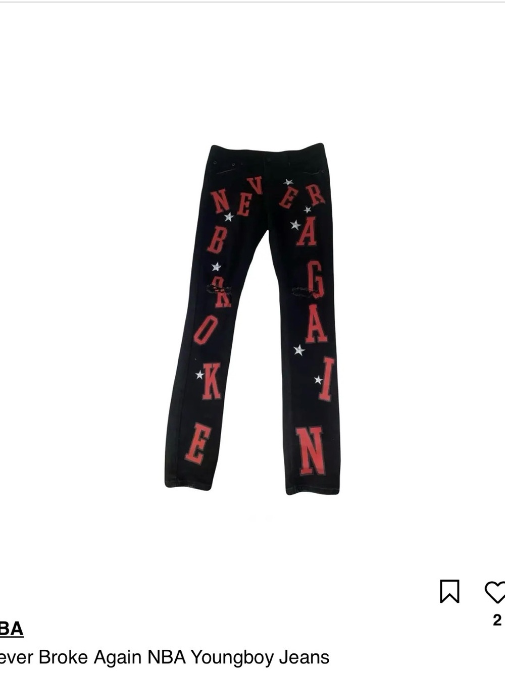 Never Broke Again NBA Jeans Graphic Jeans with Red Lettering & Silver Stars
